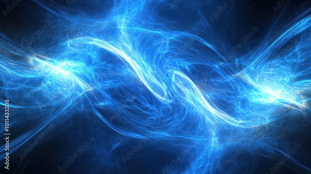 Poster abstract blue light waves create a dynamic, ethereal visual effect.