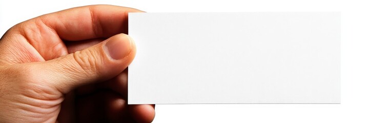 Obraz premium Close-up of Hand Holding An Empty White Business Card, Isolated On White Background With Copy Space