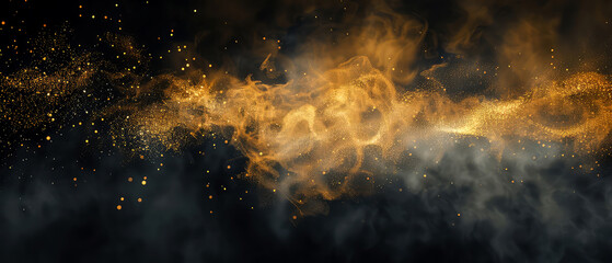 Obraz premium Dark abstract background with grey swirl of smoke, golden dust, shimmer, particles. Steam effect. Smoky, sparkling, stardust. Generative ai