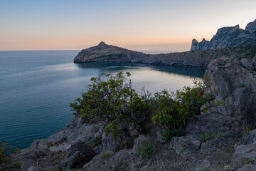 May twilight on the Black Sea coast. View of Cape Kapchik. Novyi Svet, Crimea