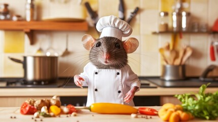 Cute rat dressed as a chef preparing food in a kitchen.