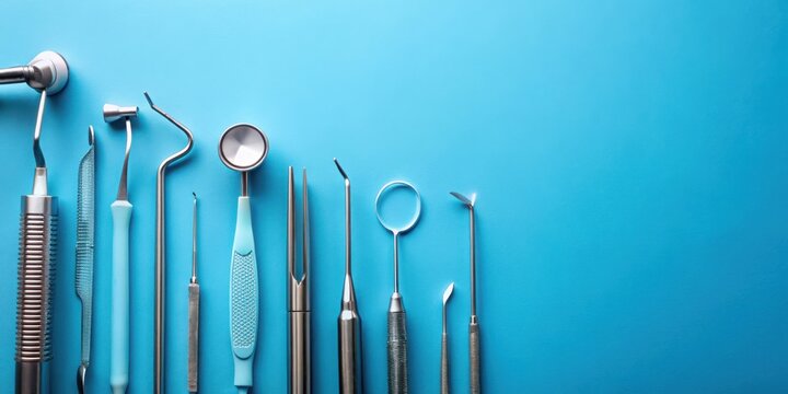 Dental equipment tools for examining teeth on blue backdrop top view