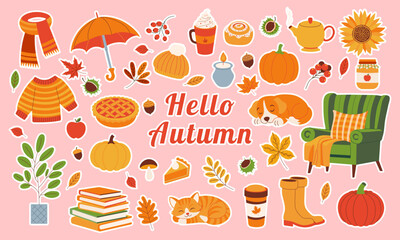 A colorful sticker sheet with various fall-themed items such as pumpkins, apples, and a cat. The sheet is titled "Hello Autumn" and features a green chair