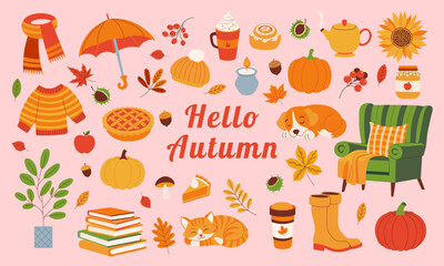 A colorful poster with various autumn items such as pumpkins, apples, and a cat. The poster reads 