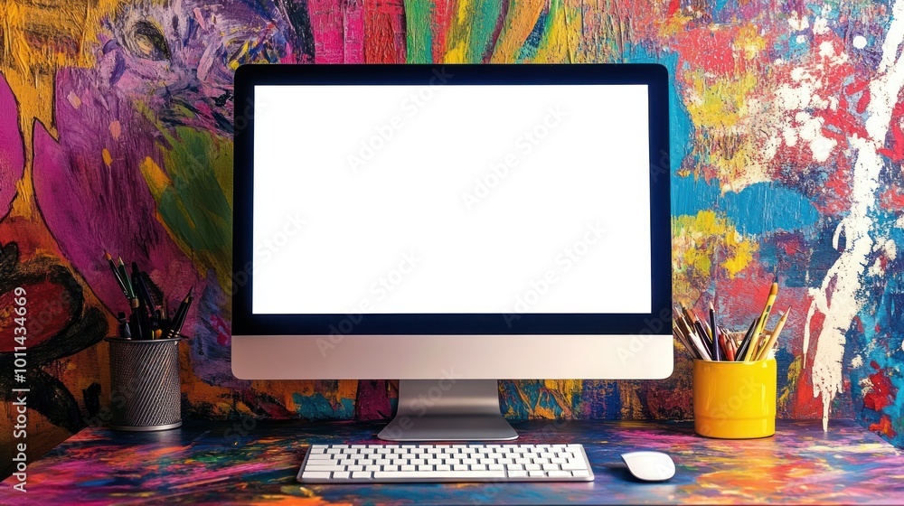 Poster a computer setup on a colorful artistic background, ideal for creative work.