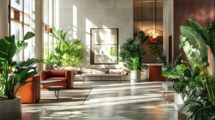 Modern Lobby Interior with Lush Greenery