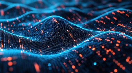 Abstract digital landscape with glowing particles representing data flow and connectivity.