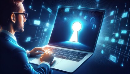 Email icon going from laptop; network connection and marketing concept, businessman touched the internet keyhole