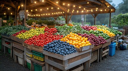 a vibrant farmer s market at dusk showcasing fresh produce under string lights embodying the farm to table concept