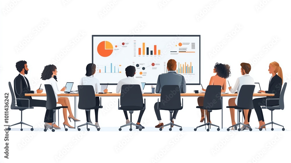 Poster a diverse group of professionals in a meeting, analyzing data with presentations and charts on a lar