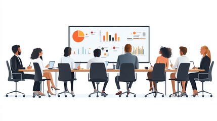A diverse group of professionals in a meeting, analyzing data with presentations and charts on a large screen, fostering collaboration.