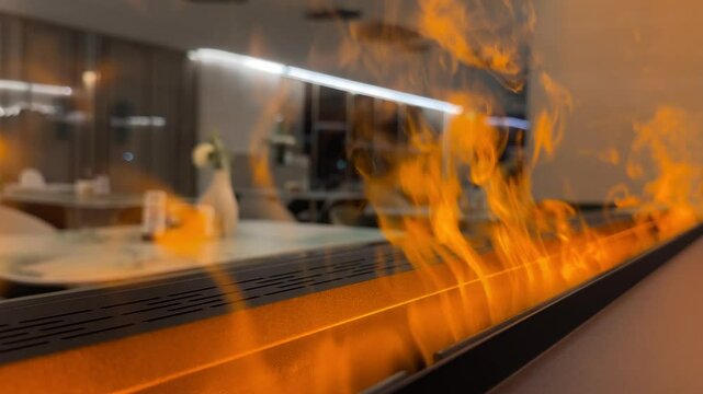 Close-up on bio fireplace burning inside restoran. Detail in interior, decorative fireplot at cozy modern hotel. Electric fireplace insert a stylish addition to any room. 