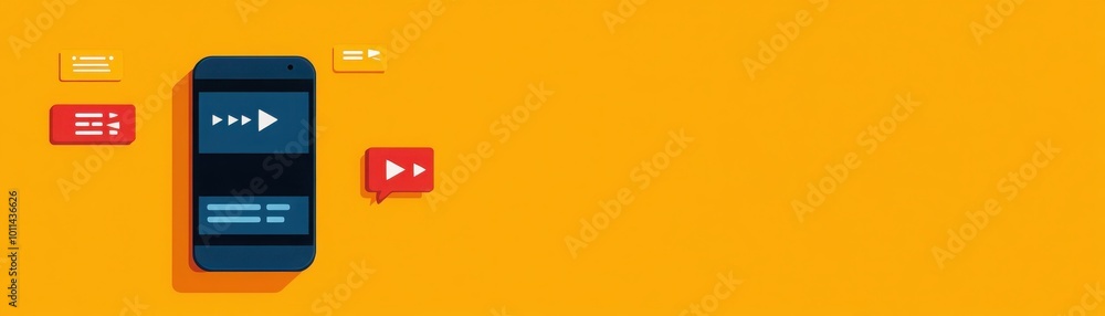 Poster a modern smartphone displaying messaging notifications on a vibrant yellow background, ideal for tec
