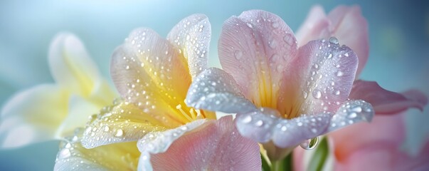 Fototapeta premium A close-up of pastel-colored freesias with droplets of water