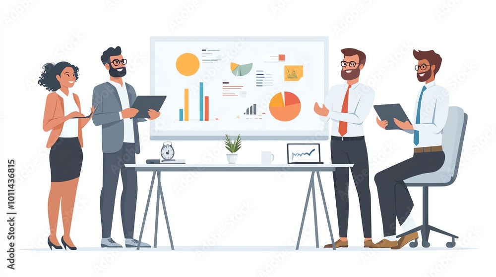 Aufkleber a diverse team discussing business strategies in a modern office setting, with charts and graphs dis