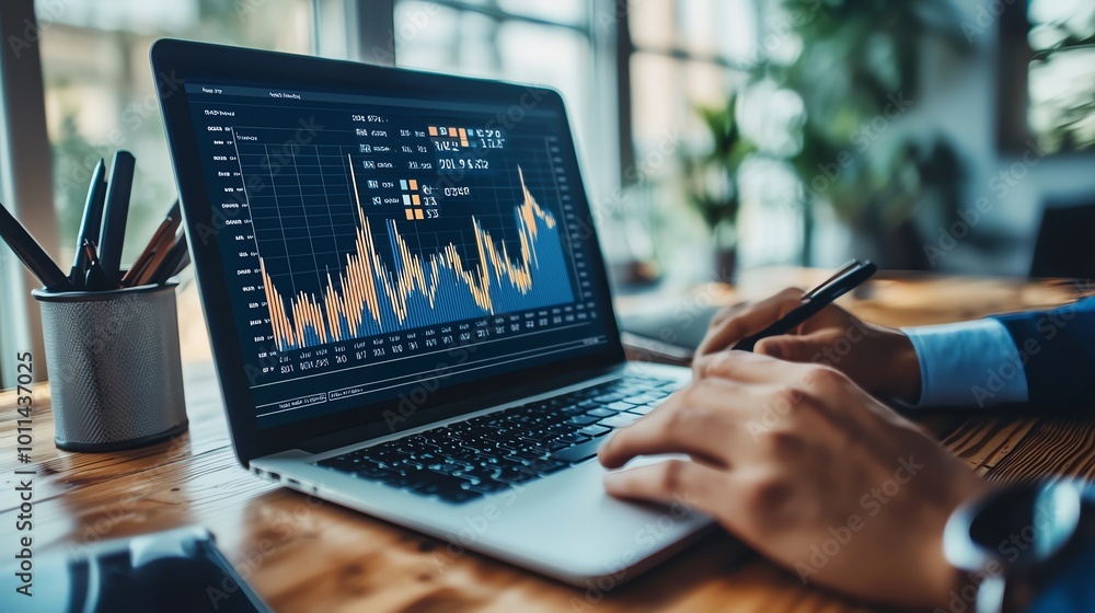 Poster a professional analyzing financial data on a laptop, showcasing charts and metrics for informed deci
