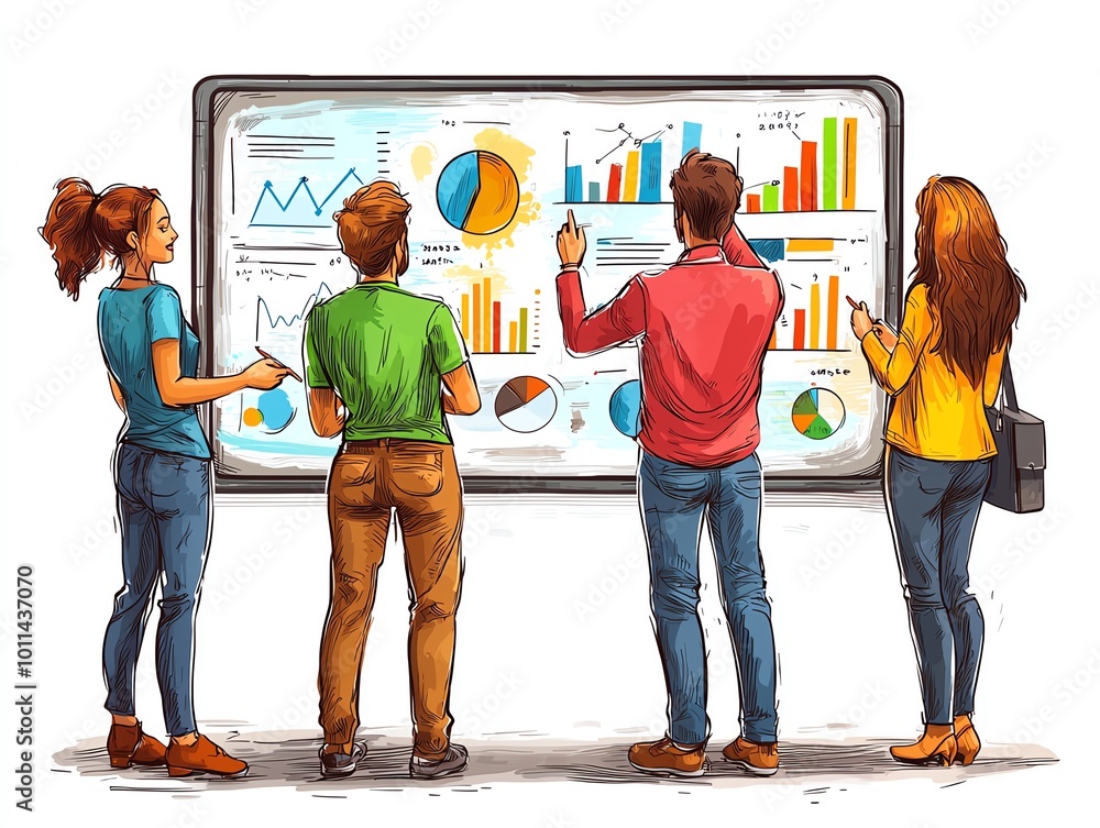 Aufkleber a group of professionals analyzing data on a presentation board filled with charts and graphs, highl