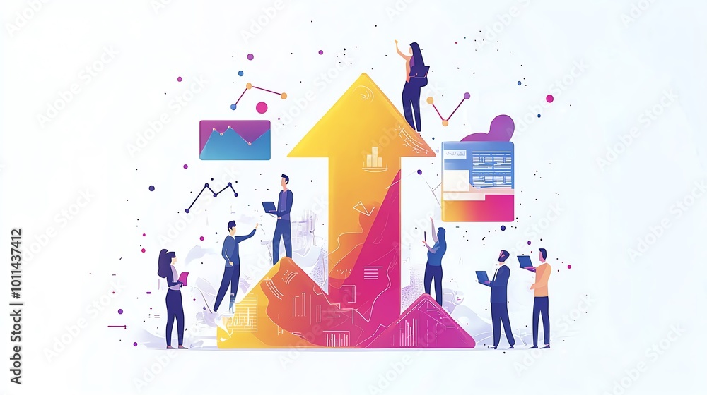 Aufkleber dynamic illustration of business growth with people analyzing data and charts, emphasizing finance a