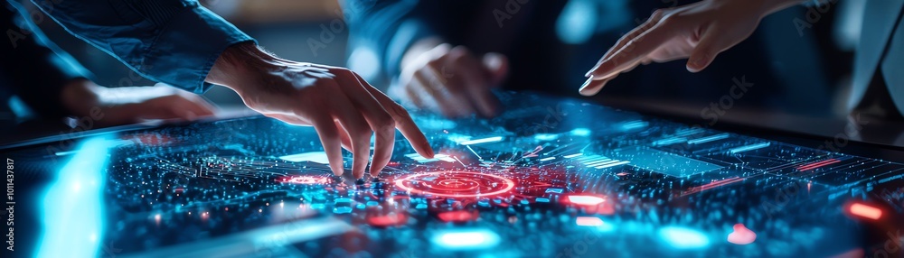 Aufkleber A collaborative scene with hands interacting over a futuristic digital display, emphasizing teamwork and technology.
