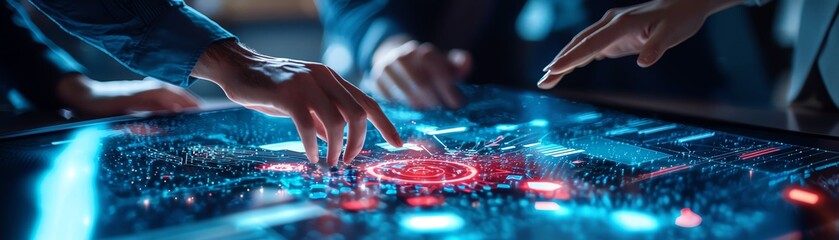 A collaborative scene with hands interacting over a futuristic digital display, emphasizing teamwork and technology.