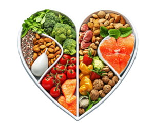 Heart-shaped arrangement of healthy foods, white isolated background