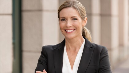 Middle aged female entrepreneur with ponytail in professional outfit smiling 