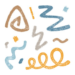 Set of Design Elements Hand-drawn Blue, Brown and Yellow Scrawls Isolated on White Backdrop. Style of Children's Drawing.