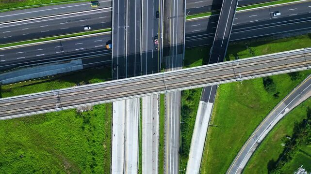 Established Aerial View of Pasir Koja Interchange, the meeting point of Soroja Toll Road, Purbaleunyi Toll Road and Jakarta-Bandung High Speed ​​Rail Line, Bandung, Indonesia