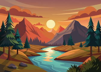 Landscape scene of forest with river and the sun going down illustration
