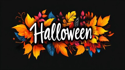 A festive Halloween greeting with colorful fall leaves and the word 'Halloween' in white script.
