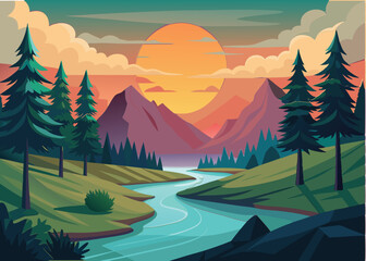 Landscape scene of forest with river and the sun going down illustration
