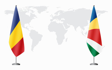 Romania and Seychelles flags for official meeting against background of world map.