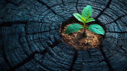a young vibrant tree sprouting from the center of an old weathered tree stump symbolizing resilience rebirth ,the cyclical nature of life environmental conservation ,sustainability