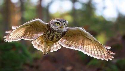 Flying little owl in mid-flight with wings fully spread, sharp-eyed owl soaring through