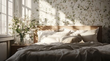 Harmonized bedroom, decorative wallpaper, modern bed, flowers in vase, elegant accessories, cozy home decor, stylish bedding, clear windows letting in sunligh