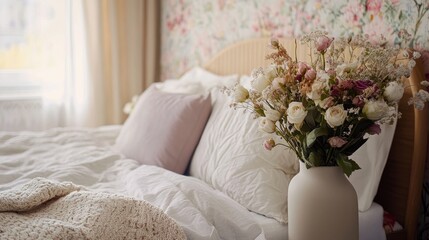Harmonized bedroom design, beautiful wallpaper, modern bed, flowers in vase, stylish bed sheets, cozy blanket, clear windows letting natural light in