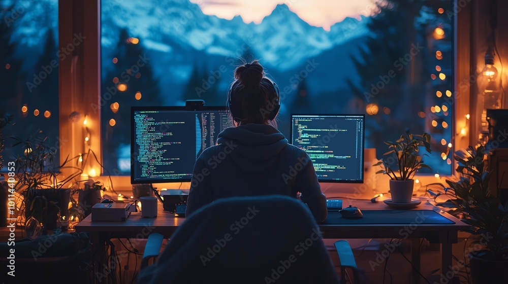 Aufkleber a programmer works on code at dusk, surrounded by mountains and glowing lights, capturing a serene a