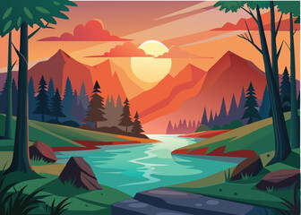 Landscape scene of forest with river and the sun going down illustration
