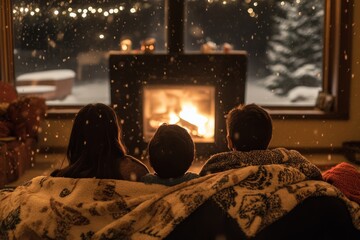 A family of three comfortably wrapped in blankets, watching a fire burn in a cozy living room decorated for winter, with snow falling outside the large window.