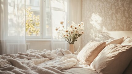 Harmonized bedroom interior, stylish wallpaper, modern bed, fresh flowers, cozy blanket, elegant decor, bright light from clear windows, inviting vibe
