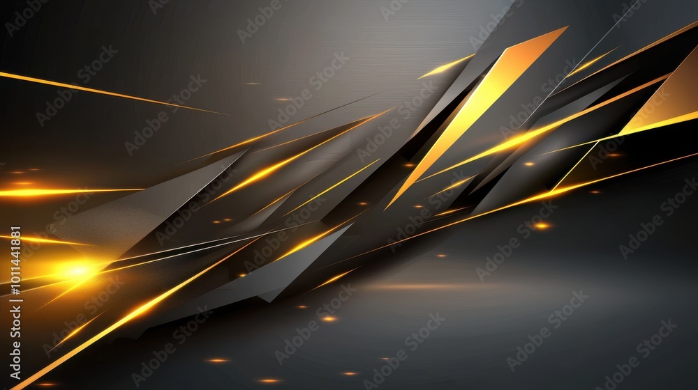 Poster a dynamic abstract black background with sharp lines, light reflections, and geometric patterns, per