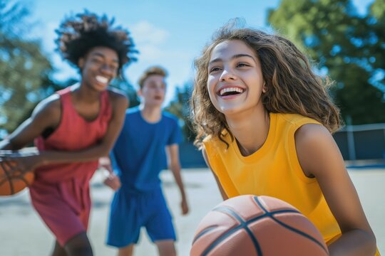 A diverse group of teenagers boys and girl plays basketball outdoors, smiling happily under a bright sunny sky Happy Teenagers Playing Basketball Outdoors, Youth Sports and Team Spirit Concept