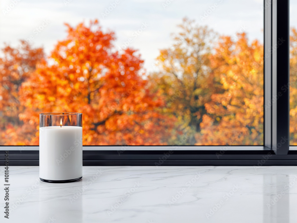 Aufkleber burning candle illuminating empty table with autumn view