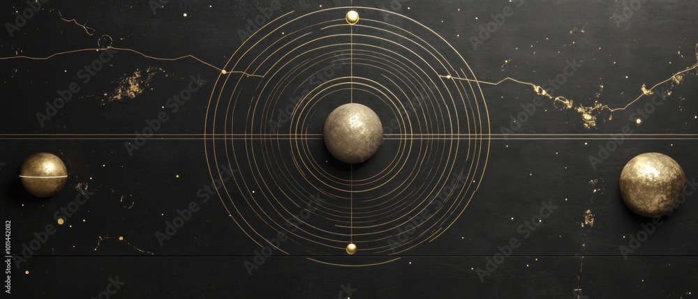 Canvas Prints a gold and black abstract design with three spheres in the center