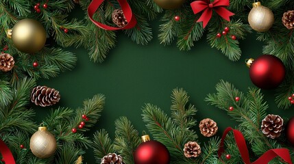 A green and red Christmas pattern with fir branches, pinecones, and ribbons, creating a classic holiday look.