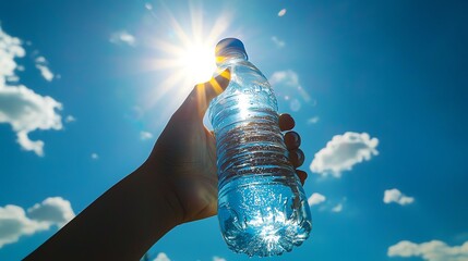 A hand holds a water bottle against a bright sun and blue sky, symbolizing hydration and outdoor activities.