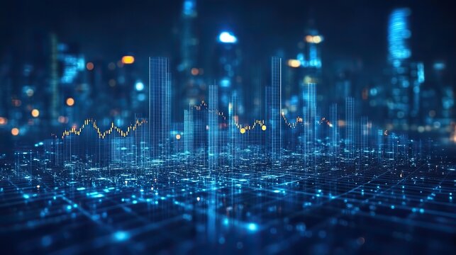 abstract representation of market trends with cityscape bar charts ,upward graph indicating growth ,analysis