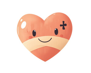 Happy heart character with a bandage on a white isolate background
