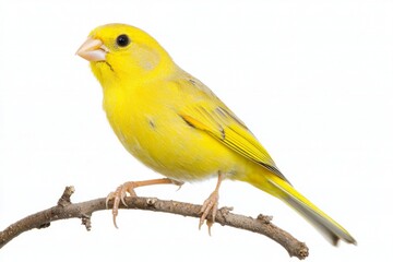 canary displays its striking yellow plumage while perched on a twig. This small bird brings a touch of nature's beauty to a simple, white background.