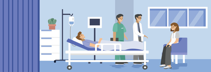 Coma patient. Doctor and nurse checking patient in hospital room. Doctor talking about patient condition. Hospital room. Patient laying in the hospital bed. Hospital ward. 